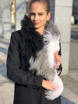 Dlhý šál z pravej kožušiny tibetskej ovce - triocolor