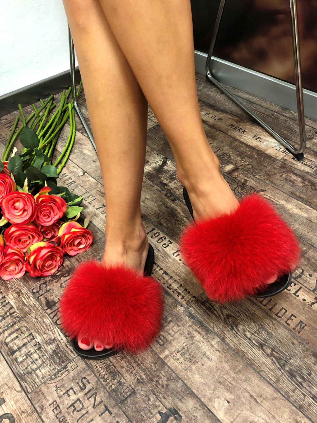 Dámske šľapky s kožušinkou z líšky - červené